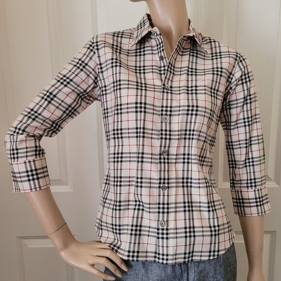 NWOT Burberry London Nova Check Fitted 3/4 Sleeve Button Up Shirt Size S - Picture 1 of 10